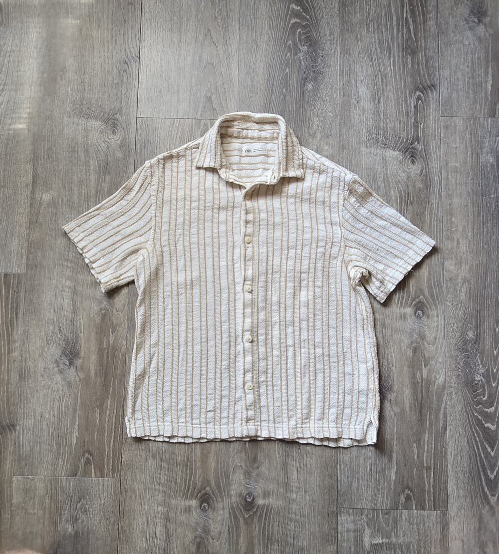 Zara Textured Resort Shirt Small Striped Short Sleeve Cuban Collar Summer Beige